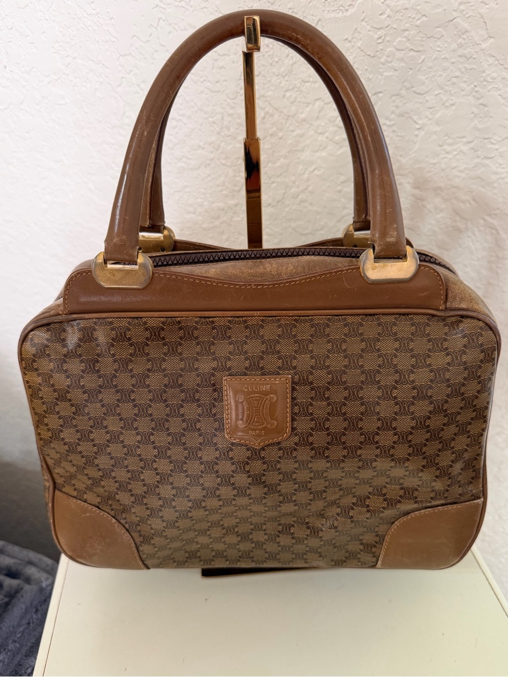 Celine Brown Monogram Boston Satchel with Leather Trim